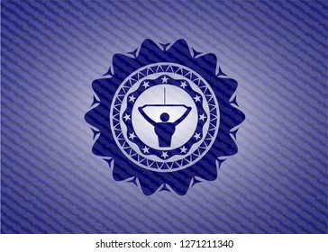 lat pull down, exercise icon inside emblem with jean texture