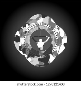 lat pull down, exercise icon inside grey camouflaged emblem