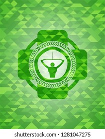 lat pull down, exercise icon inside green emblem. Mosaic background