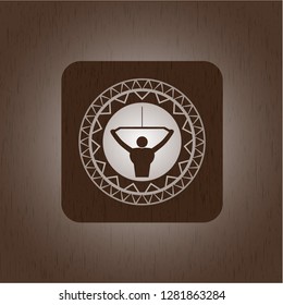 lat pull down, exercise icon inside wooden emblem. Vintage.