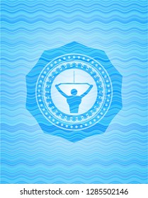 lat pull down, exercise icon inside light blue water wave badge background.