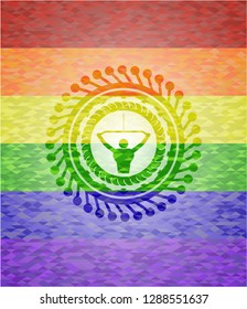 lat pull down, exercise icon inside emblem on mosaic background with the colors of the LGBT flag