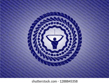 lat pull down, exercise icon inside badge with denim background