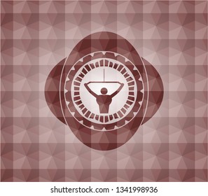 lat pull down, exercise icon inside red emblem with geometric background. Seamless.