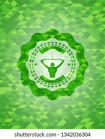 lat pull down, exercise icon inside green emblem with mosaic background