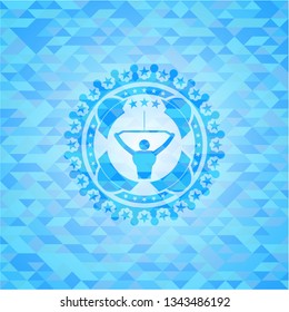 lat pull down, exercise icon inside sky blue emblem with mosaic background