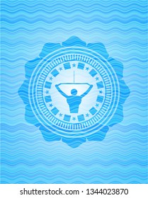 lat pull down, exercise icon inside water representation style emblem.
