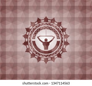 lat pull down, exercise icon inside red badge with geometric pattern background. Seamless.