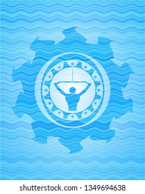 lat pull down, exercise icon inside water wave representation badge background.