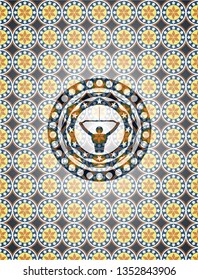 lat pull down, exercise icon inside arabic style badge. Arabesque decoration.