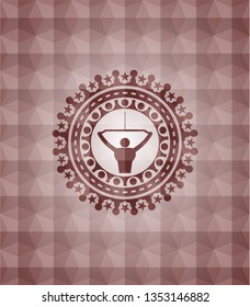 lat pull down, exercise icon inside red emblem with geometric background. Seamless.