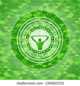 lat pull down, exercise icon inside green emblem with mosaic ecological style background