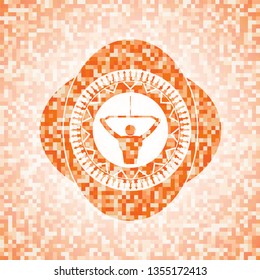 lat pull down, exercise icon inside orange tile background illustration. Square geometric mosaic seamless pattern with emblem inside.
