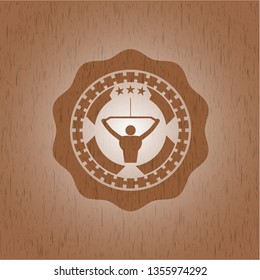lat pull down, exercise icon inside badge with wooden background