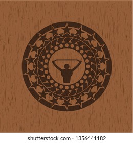 lat pull down, exercise icon inside badge with wood background