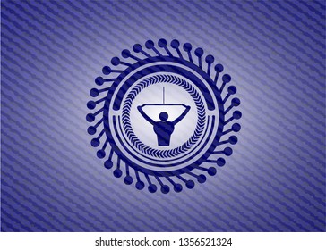 lat pull down, exercise icon inside jean or denim emblem or badge background