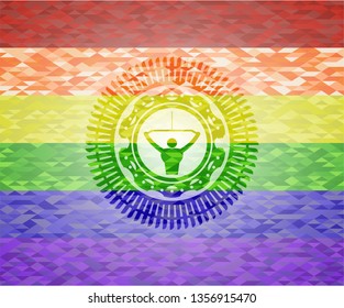 lat pull down, exercise icon inside emblem on mosaic background with the colors of the LGBT flag
