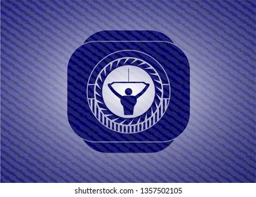 lat pull down, exercise icon inside emblem with denim high quality background