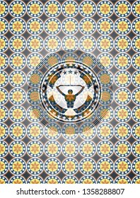 lat pull down, exercise icon inside arabic badge background. Arabesque decoration.