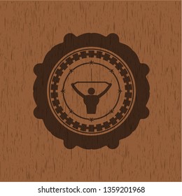 lat pull down, exercise icon inside wooden emblem. Vintage.