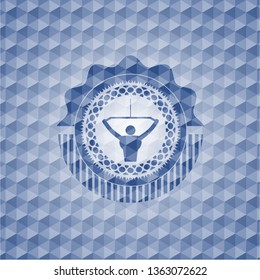 lat pull down, exercise icon inside blue badge with geometric pattern background.