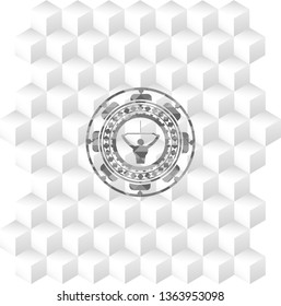 lat pull down, exercise icon inside grey emblem. Retro with geometric cube white background