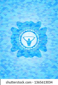 lat pull down, exercise icon inside sky blue emblem with mosaic ecological style background