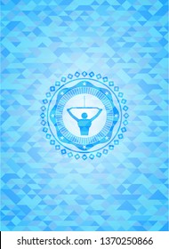 lat pull down, exercise icon inside light blue emblem with mosaic ecological style background