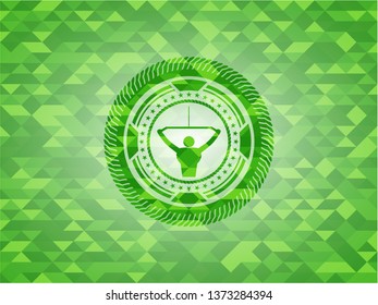 lat pull down, exercise icon inside green emblem with mosaic background