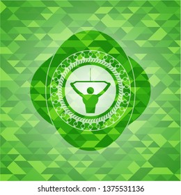lat pull down, exercise icon inside green emblem. Mosaic background