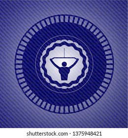 lat pull down, exercise icon inside emblem with denim high quality background