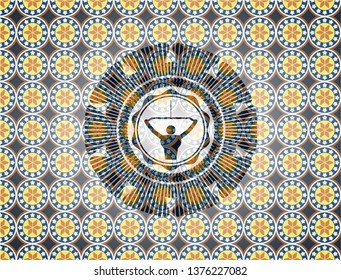 lat pull down, exercise icon inside arabesque style emblem. arabic decoration.
