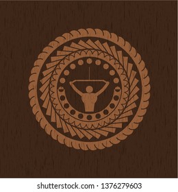 lat pull down, exercise icon inside realistic wood emblem