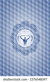 lat pull down, exercise icon inside blue hexagon emblem.