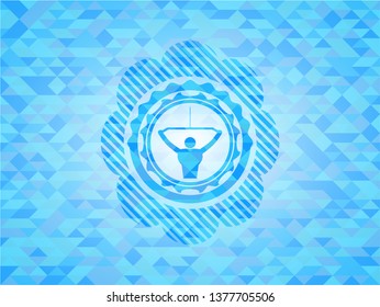 lat pull down, exercise icon inside light blue emblem with triangle mosaic background