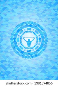 lat pull down, exercise icon inside light blue emblem. Mosaic background