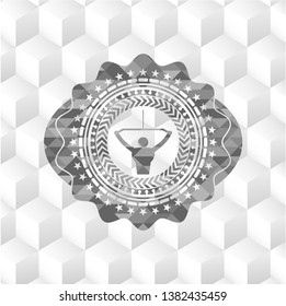 lat pull down, exercise icon inside grey emblem with geometric cube white background