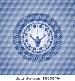 lat pull down, exercise icon inside blue emblem with geometric pattern background.