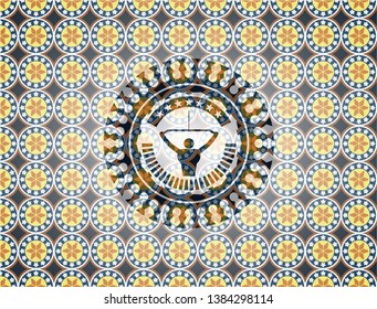 lat pull down, exercise icon inside arabesque badge background. arabic decoration.