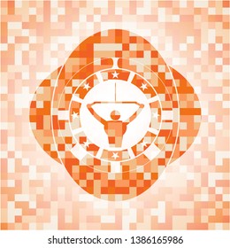 lat pull down, exercise icon inside abstract emblem, orange mosaic background