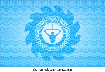 lat pull down, exercise icon inside sky blue water emblem.