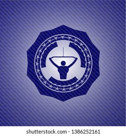 lat pull down, exercise icon inside emblem with jean texture