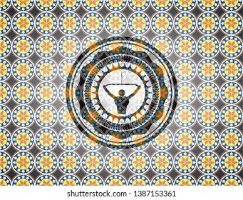 lat pull down, exercise icon inside arabic style emblem. Arabesque decoration.