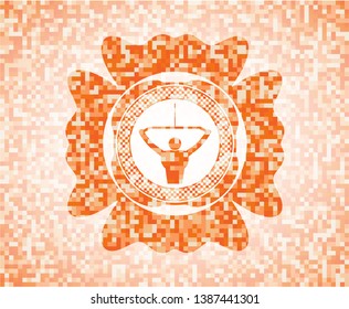 lat pull down, exercise icon inside abstract orange mosaic emblem