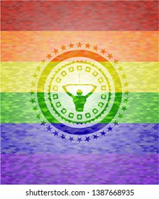 lat pull down, exercise icon inside emblem on mosaic background with the colors of the LGBT flag