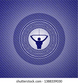 lat pull down, exercise icon inside emblem with denim high quality background