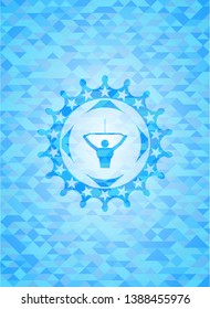 lat pull down, exercise icon inside realistic light blue emblem. Mosaic background