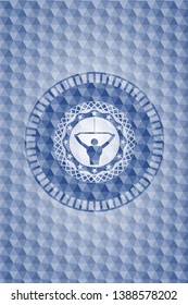 lat pull down, exercise icon inside blue polygonal emblem.