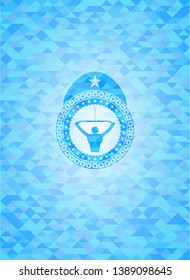 lat pull down, exercise icon inside light blue emblem with mosaic ecological style background