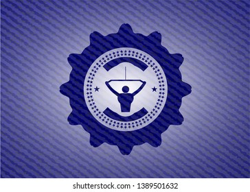 lat pull down, exercise icon inside emblem with jean background